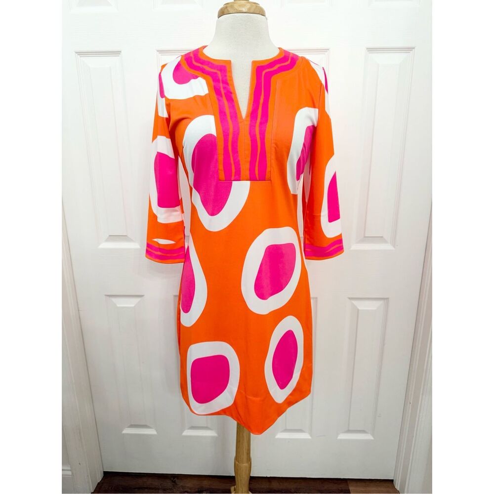 Gretchen Scott Orange Pink Rock Out Split‎ Neck Tunic 3/4 Sleeve Dress Small